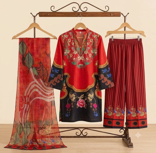 Premium Swiss Lawn 3-Piece Red & Black Floral Printed Suit with Dupatta