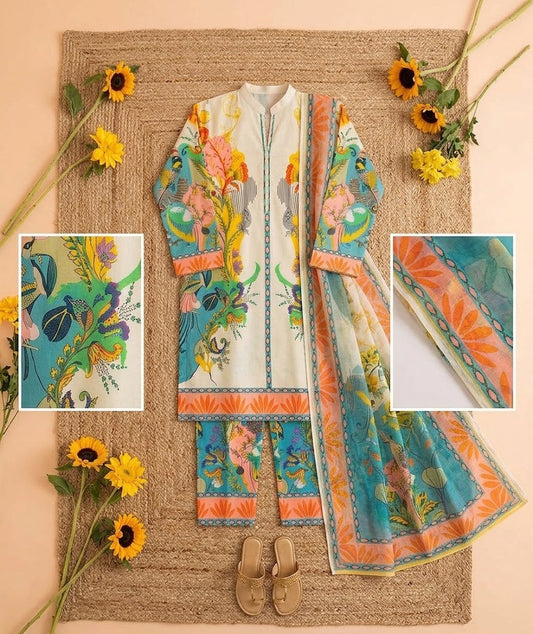 Premium Swiss Lawn 3-Piece Floral & Tropical Printed Suit – Off-White & Teal