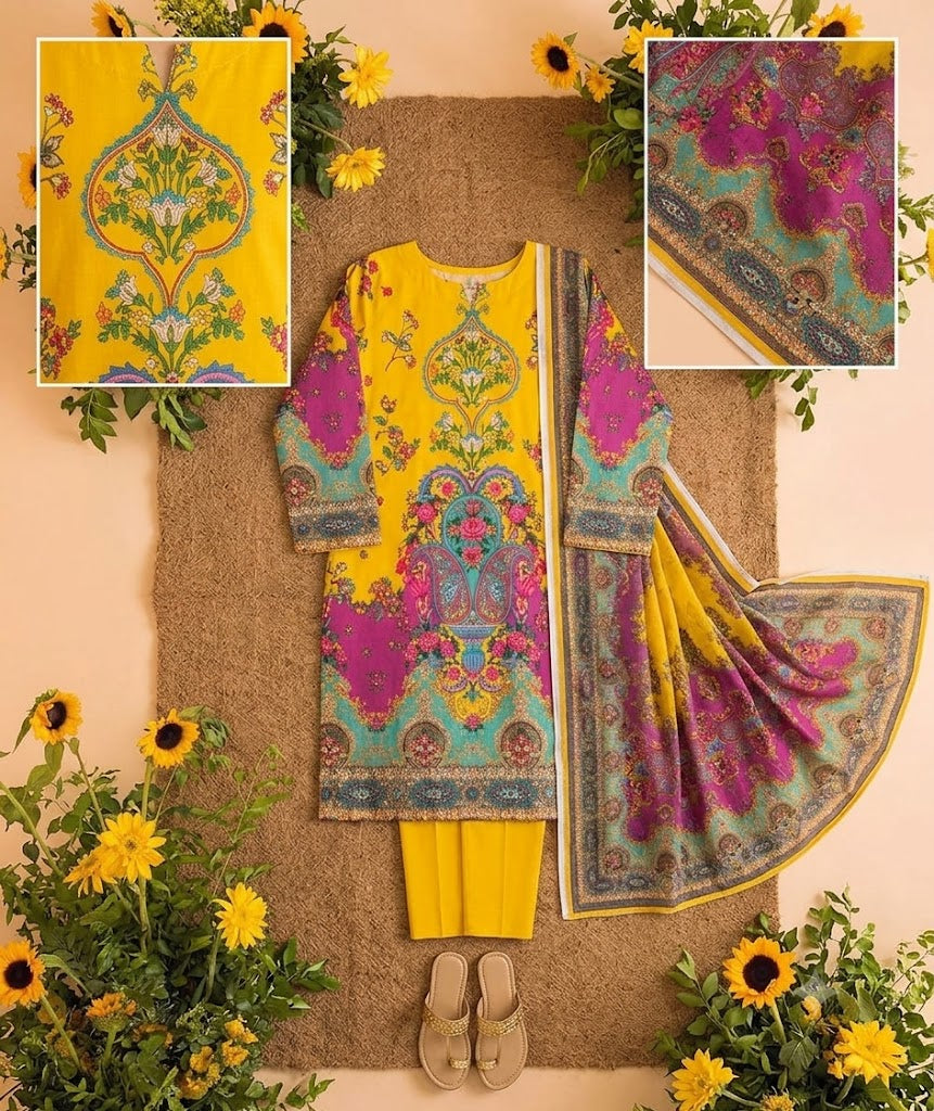 Premium Swiss Lawn 3-Piece Paisley & Floral Printed Suit – Mustard Yellow & Magenta