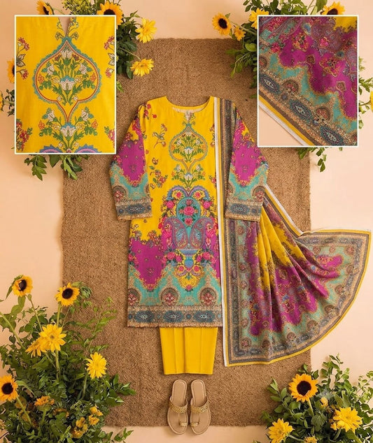 Premium Swiss Lawn 3-Piece Paisley & Floral Printed Suit – Mustard Yellow & Magenta