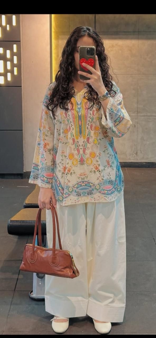 Pastel Multicolored Printed Lawn Tunic with White Farshi Shalwar – 2 Piece
