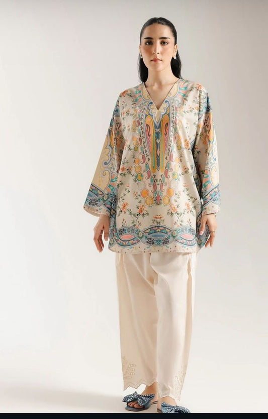 Pastel Multicolored Printed Lawn Tunic with White Farshi Shalwar – 2 Piece