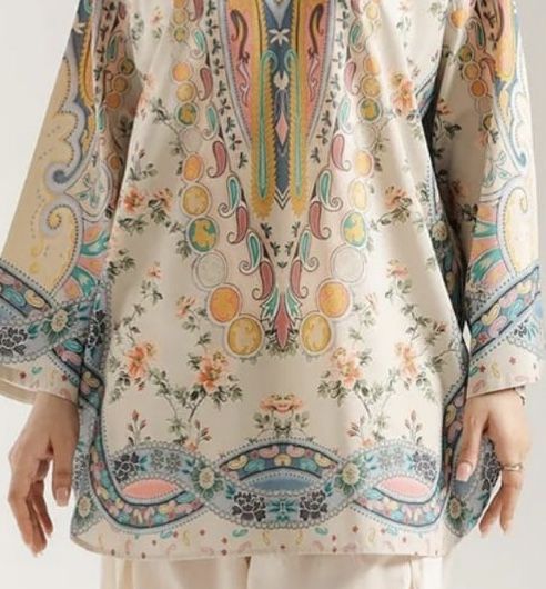Pastel Multicolored Printed Lawn Tunic with White Farshi Shalwar – 2 Piece