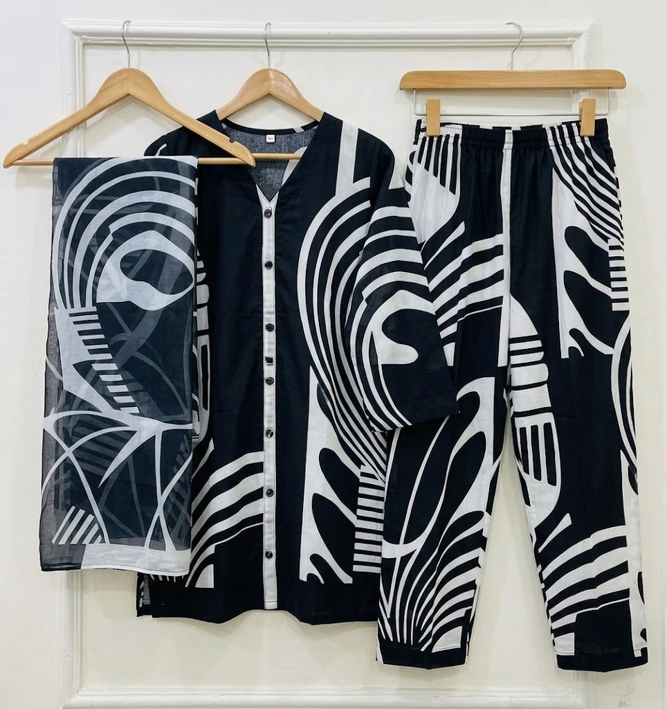 Premium Swiss Lawn 3-Piece Monochrome Abstract Printed Suit – Black & White