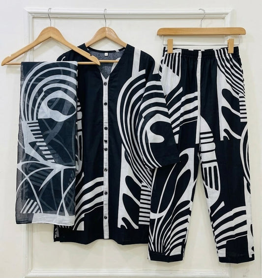 Premium Swiss Lawn 3-Piece Monochrome Abstract Printed Suit – Black & White