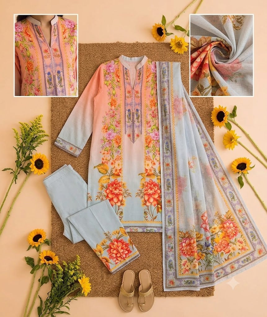Premium Swiss Lawn 3-Piece Floral Printed Suit with Ombré Gradient – Pastel Peach & Gray