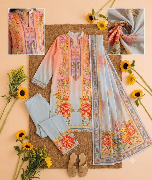 Premium Swiss Lawn 3-Piece Floral Printed Suit with Ombré Gradient – Pastel Peach & Gray