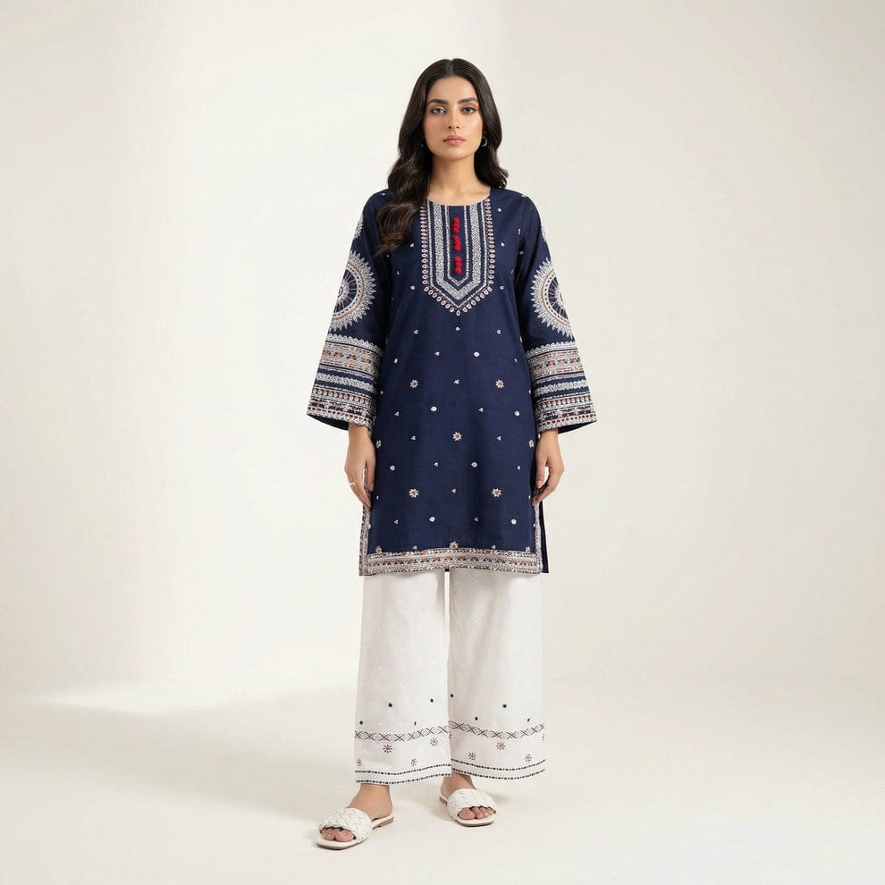 Midnight Blue Embroidered Kurti & White Farshi Shalwar Set – 2 Piece Ethnic Wear