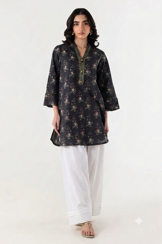 Midnight Black Floral Printed Lawn Kurti & Farshi Shalwar Set