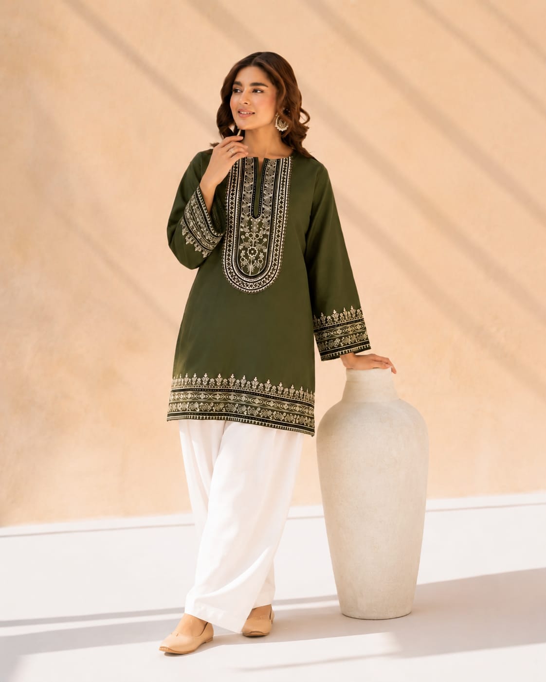Olive Green Embroidered Kurti with Off-White Shalwar – 2 Piece Designer Suit