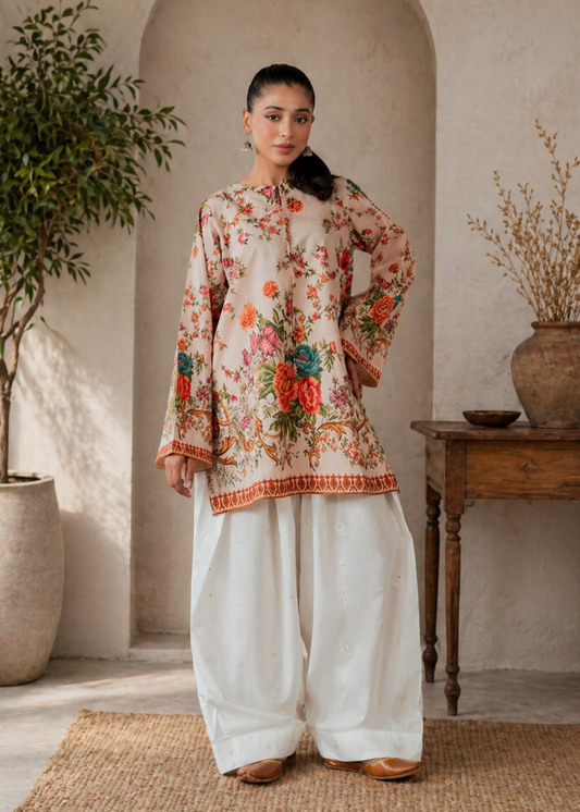 Dusty Peach Botanical Printed Lawn Kurti & Farshi Shalwar Set