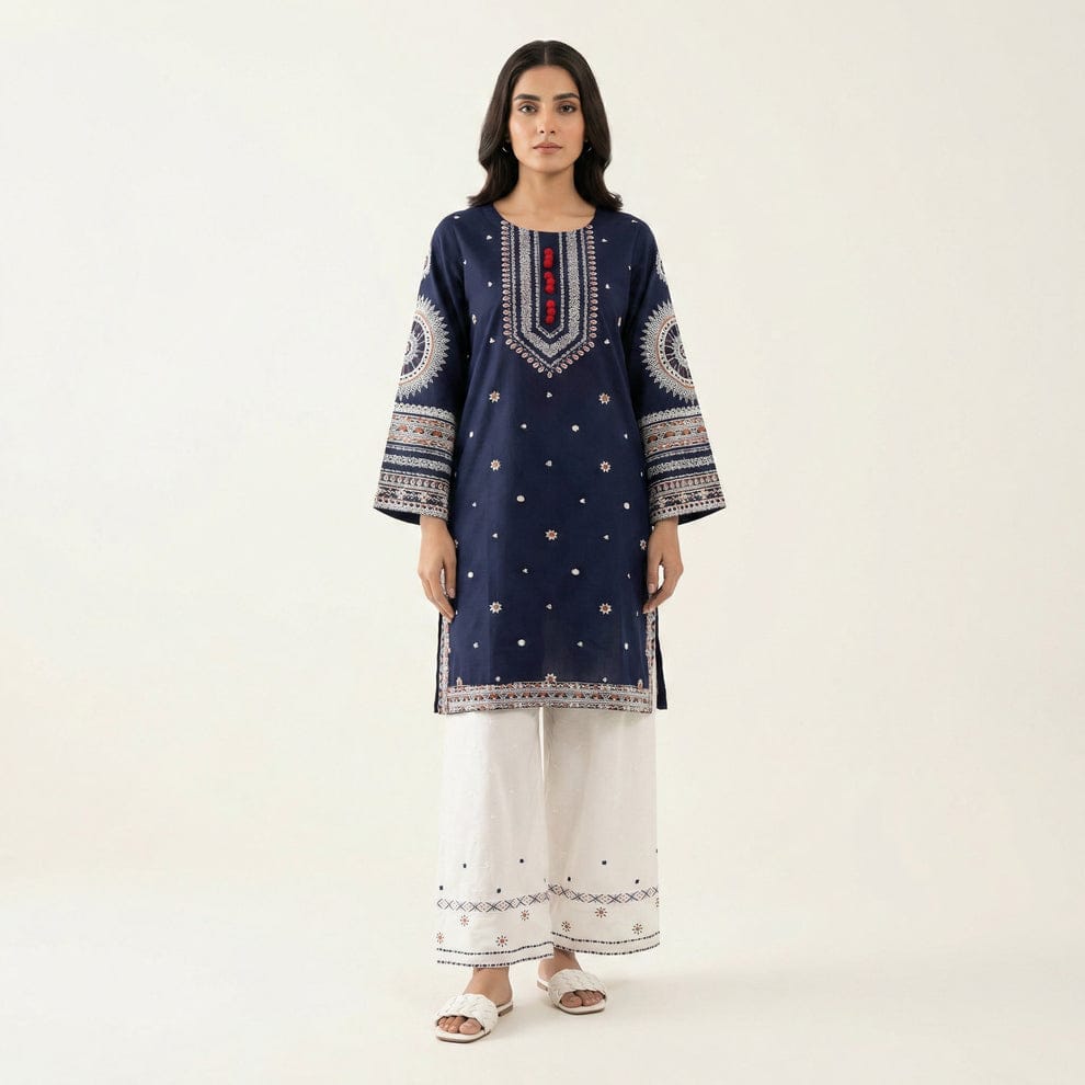 Midnight Blue Embroidered Kurti & White Farshi Shalwar Set – 2 Piece Ethnic Wear