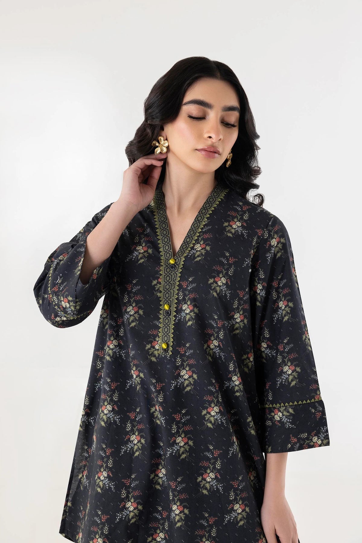 Midnight Black Floral Printed Lawn Kurti & Farshi Shalwar Set
