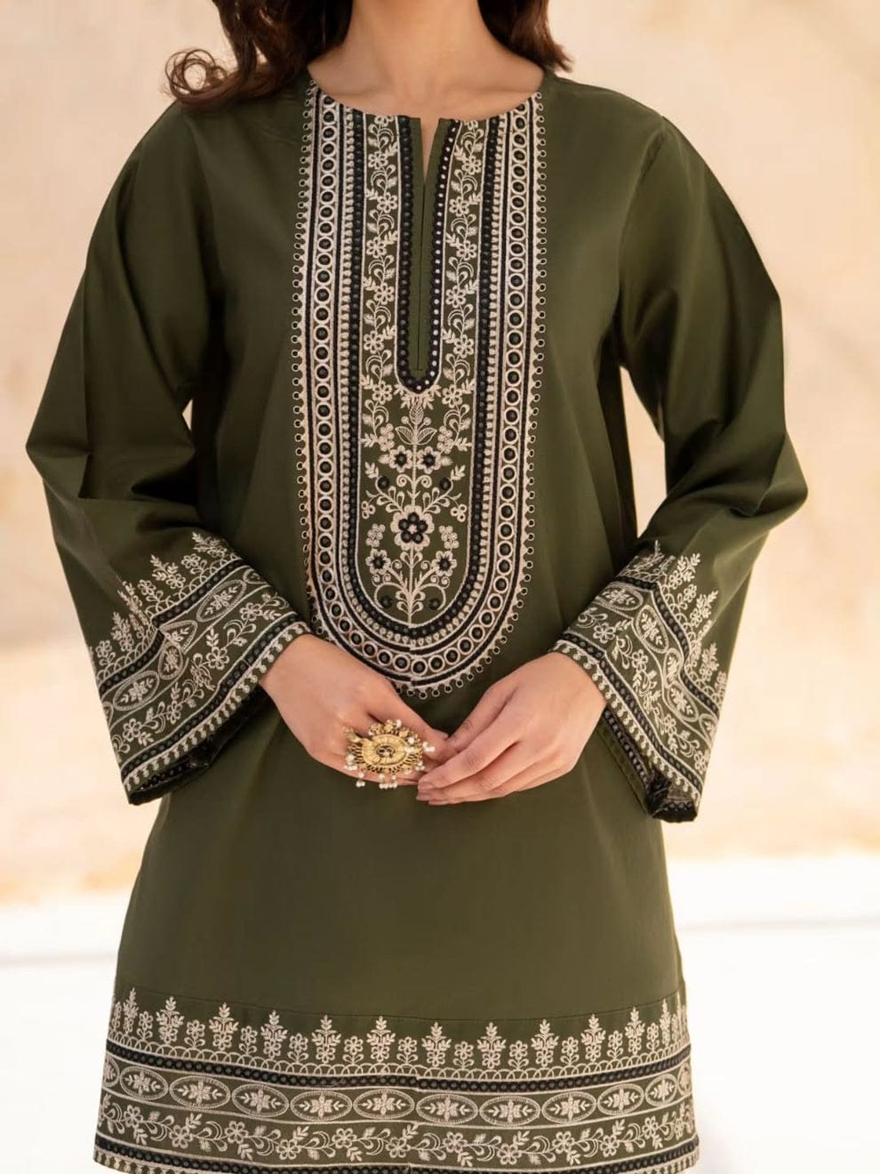Olive Green Embroidered Kurti with Off-White Shalwar – 2 Piece Designer Suit