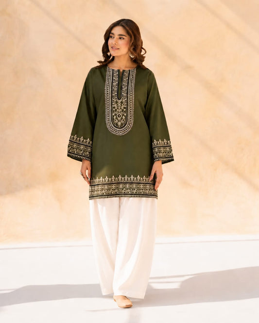 Olive Green Embroidered Kurti with Off-White Shalwar – 2 Piece Designer Suit