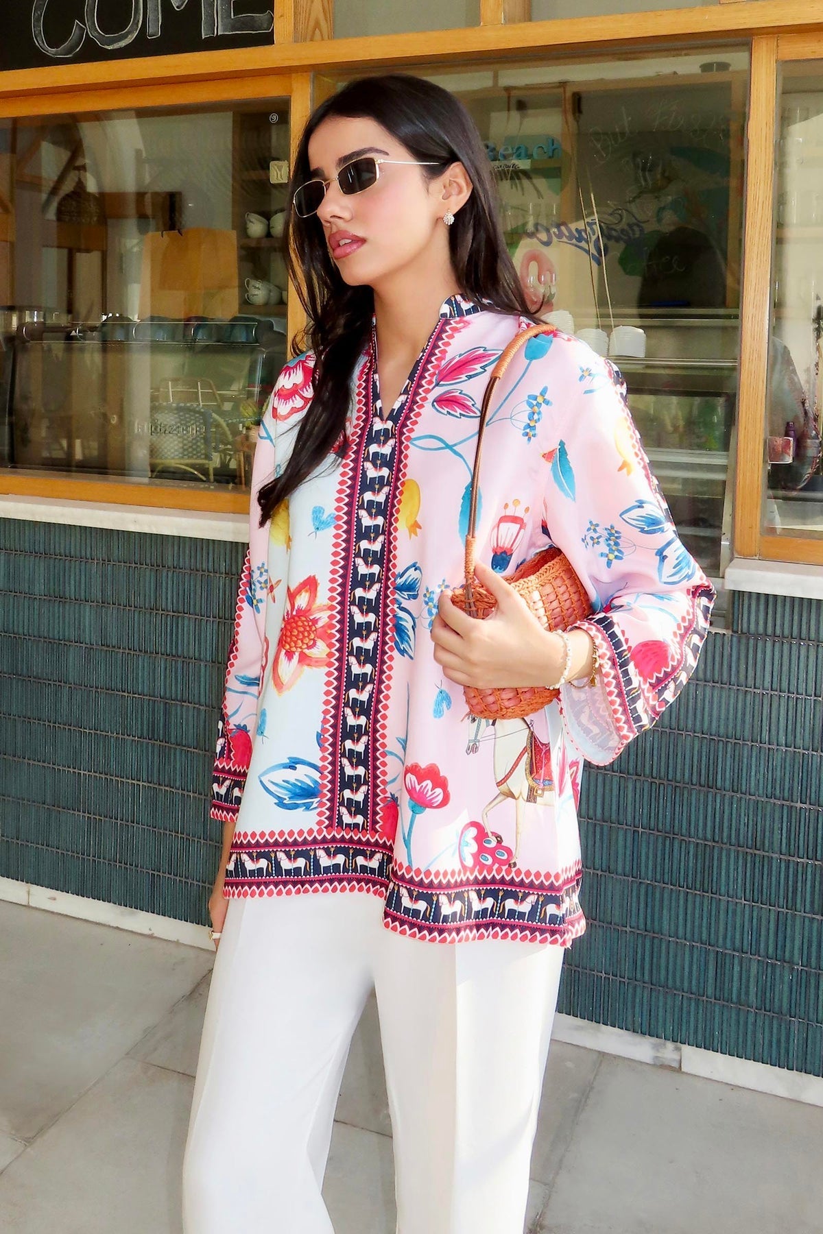 Dual-Tone Pink & Powder Blue Floral Printed Tunic with Farshi Shalwar – 2 Piece
