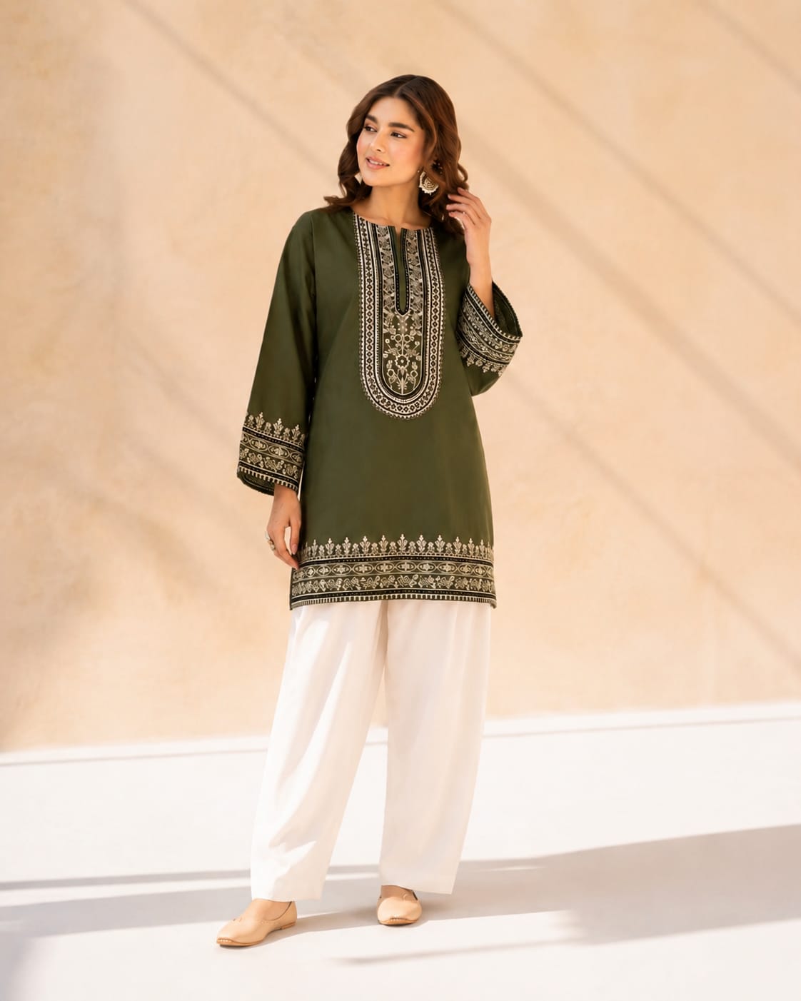 Olive Green Embroidered Kurti with Off-White Shalwar – 2 Piece Designer Suit