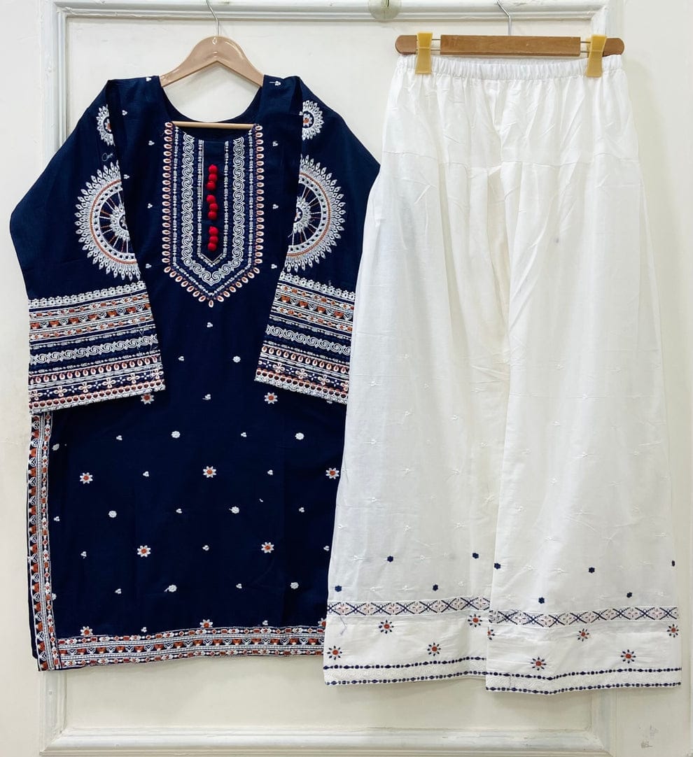 Midnight Blue Embroidered Kurti & White Farshi Shalwar Set – 2 Piece Ethnic Wear