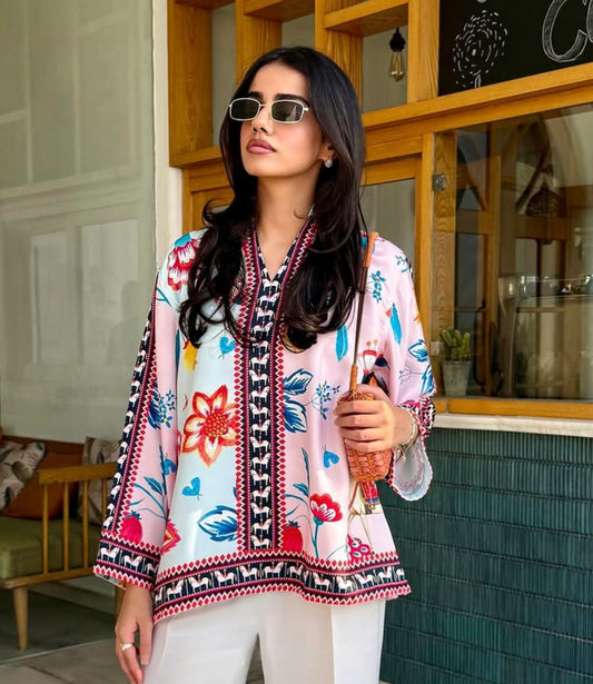 Dual-Tone Pink & Powder Blue Floral Printed Tunic with Farshi Shalwar – 2 Piece