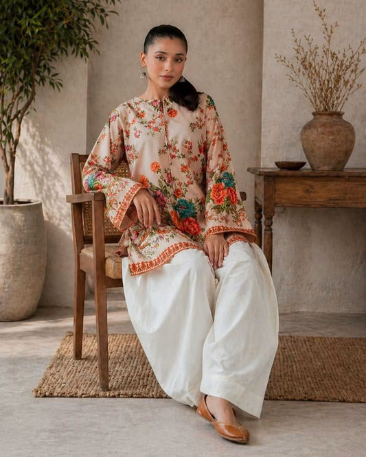 Dusty Peach Botanical Printed Lawn Kurti & Farshi Shalwar Set