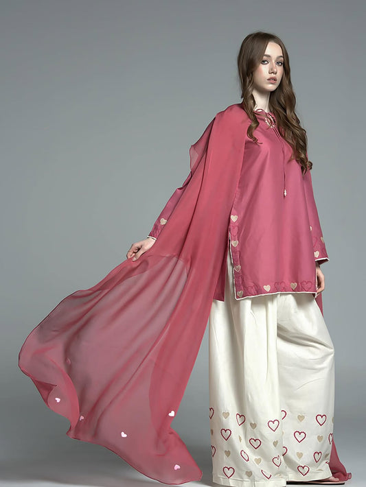 Macaron Embroidered Mauve Tunic & Off-White Heart Motif Wide & Farshi Shalwar-2 piece