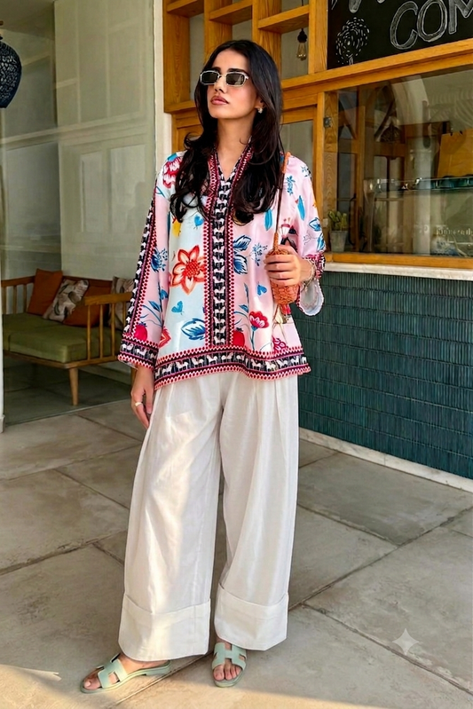 Dual-Tone Pink & Powder Blue Floral Printed Tunic with Farshi Shalwar – 2 Piece