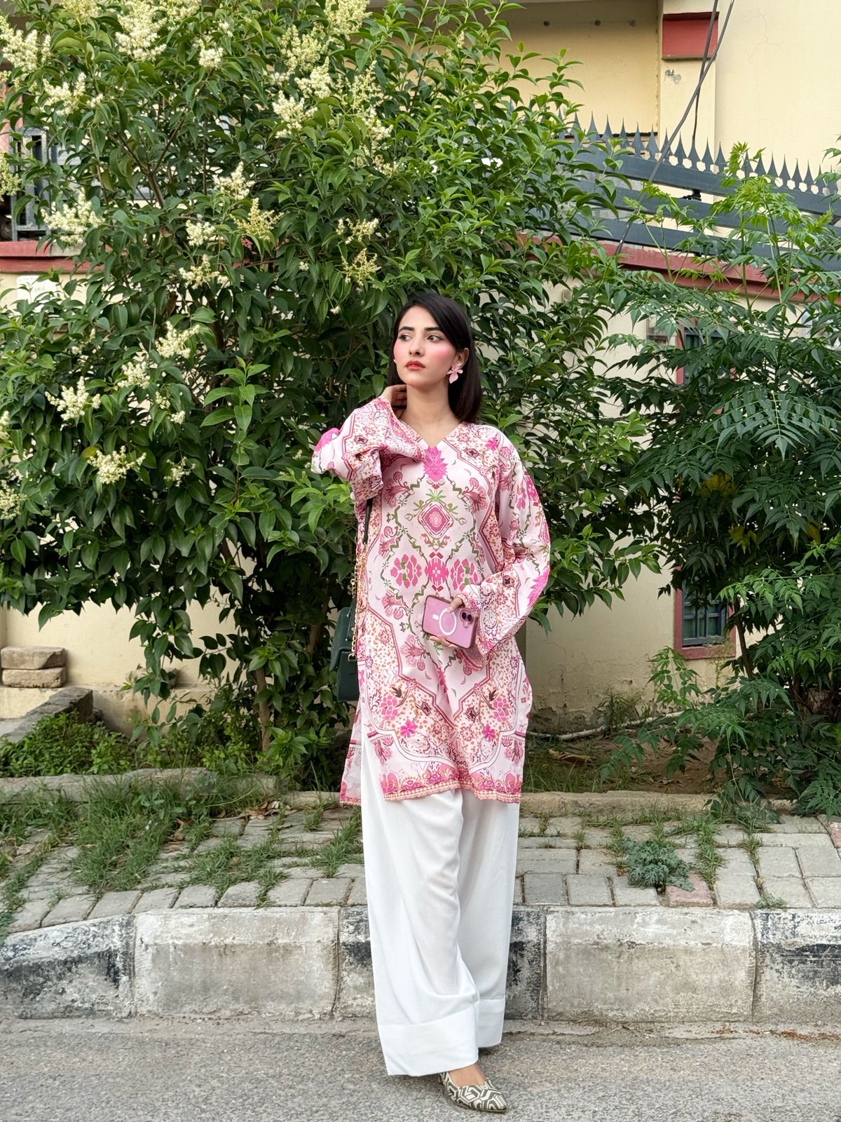 Orchid Lattice Mirror-Print Kurta & Farshi Shalwar