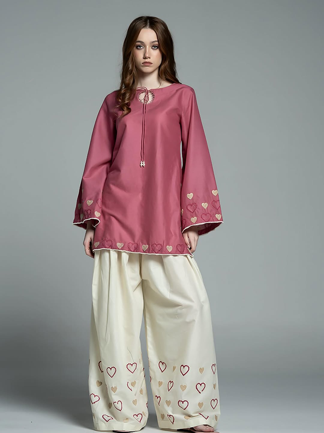 Macaron Embroidered Mauve Tunic & Off-White Heart Motif Wide & Farshi Shalwar-2 piece