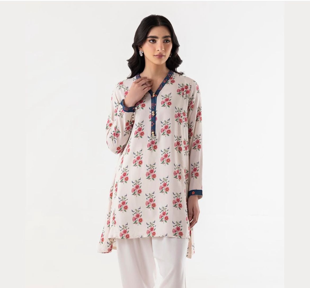 Soft Floral Printed Kurta with White Farshi Shalwar