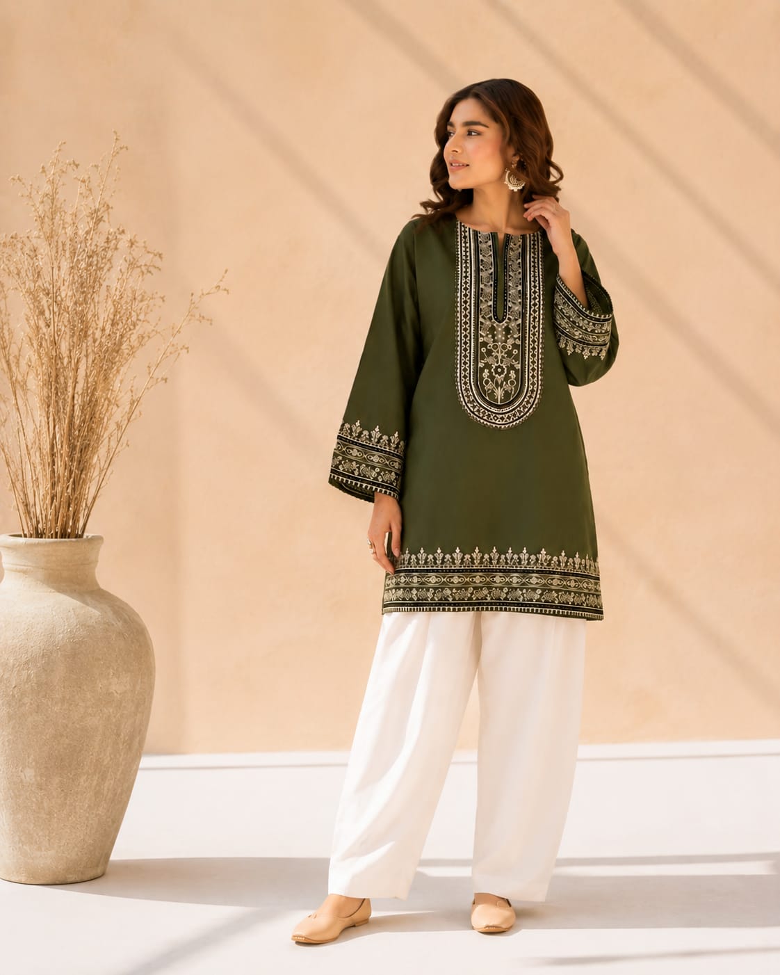Olive Green Embroidered Kurti with Off-White Shalwar – 2 Piece Designer Suit